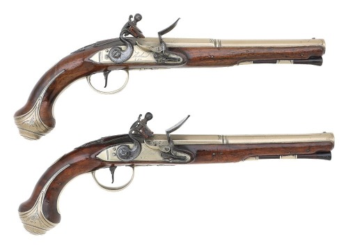 Attractive Pair Of Ketland German Silver-Mounted Flintlock Officers Pistols