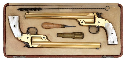 Interesting Consecutively Numbered Cased Pair Of Gold-Finished Smith & Wesson First Model Single Shot Pistols