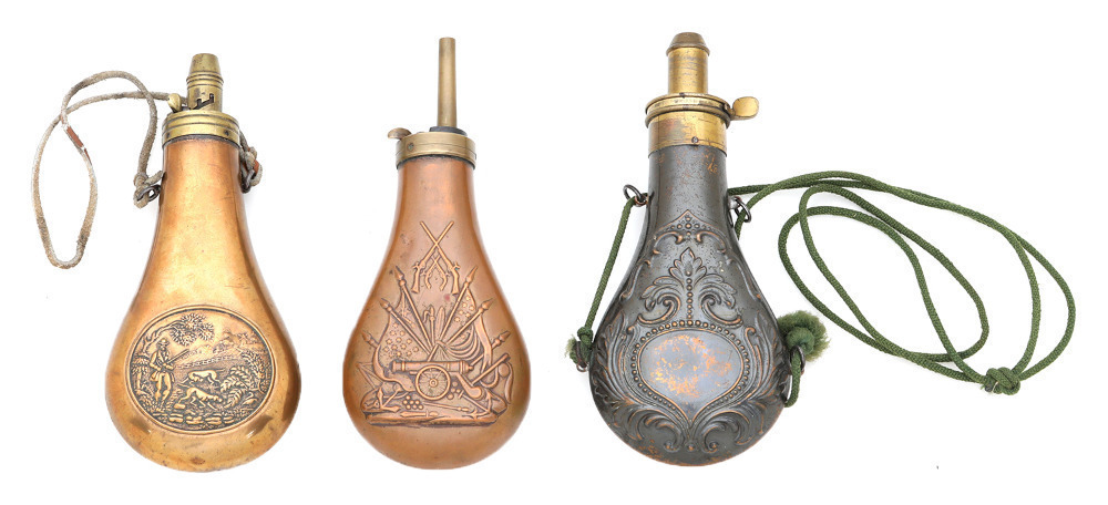 Lot of Three Leather Powder Flasks
