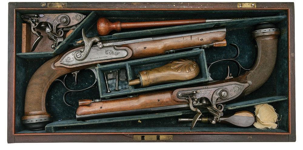 Sold at Auction: MUSEUM QUALITY CASED PAIR OF UNIQUE FLINTLOCK