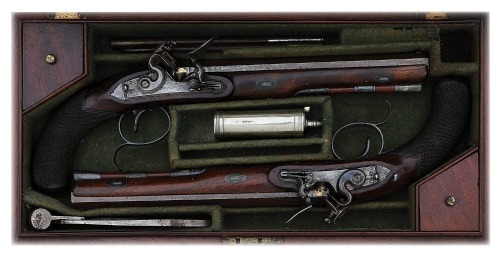 Very Fine Cased Pair Of British Silver-Mounted Flintlock Officers Pistols by Gulley