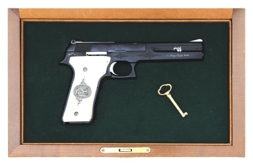 Wonderful Cased & Paul Piquette-Engraved Smith & Wesson Model 422 Semi-Auto Pistol Made To Promote The Bisley Pistol Matches