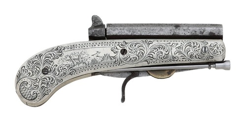 Fine German Silver Mounted & Engraved Belgian Percussion Knife Pistol