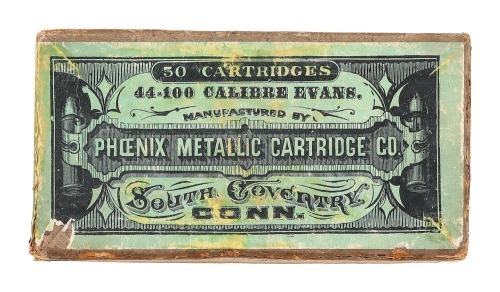 Scarce Box Of Collectible Phoenix Metallic Cartridge Company .44-100 Long Evans Cartridges