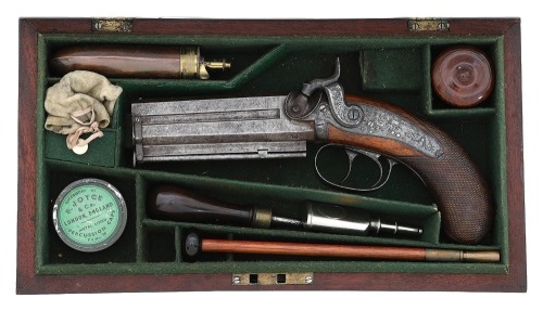 Cased British Over Under Percussion Pistol by John Blanch & Son