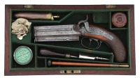 Cased British Over Under Percussion Pistol by John Blanch & Son