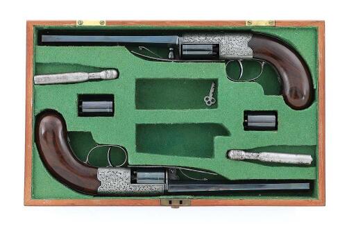 Interesting Cased Pair of Belgian Double Action Percussion Target Pistols by J. J. Herman