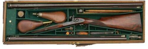 Superb Cased British Percussion Double Fowler Two-Barrel Set by Moore & Harris