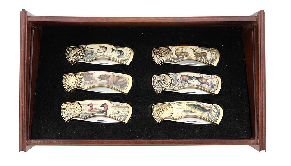 Franklin Mint FLY FISHING Rainbow Trout lures Knife Set of 6 in Display  Case
