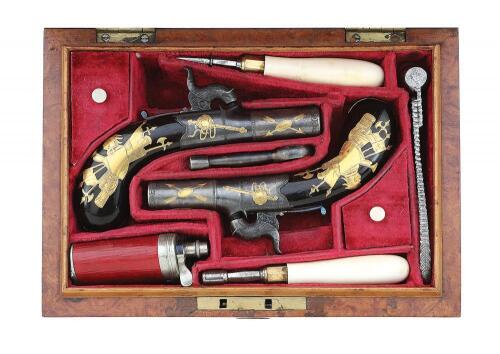 Exceptional Pair of British Gold Inlaid Percussion Muff pistols by Lang