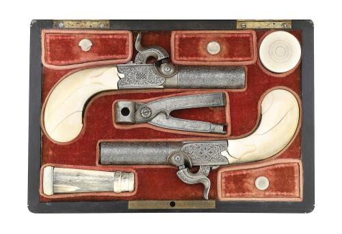 Lovely Cased Pair of Parisian Percussion Folding Trigger Screwbarrel Pistols by Claudin