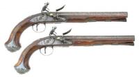 Superb Pair of British Silver-Mounted Flintlock Dueling Pistols by Twigg