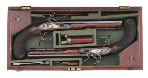 Exceptional Pair of Silver Mounted London Flintlock Dueling-Target Pistols by Murdoch