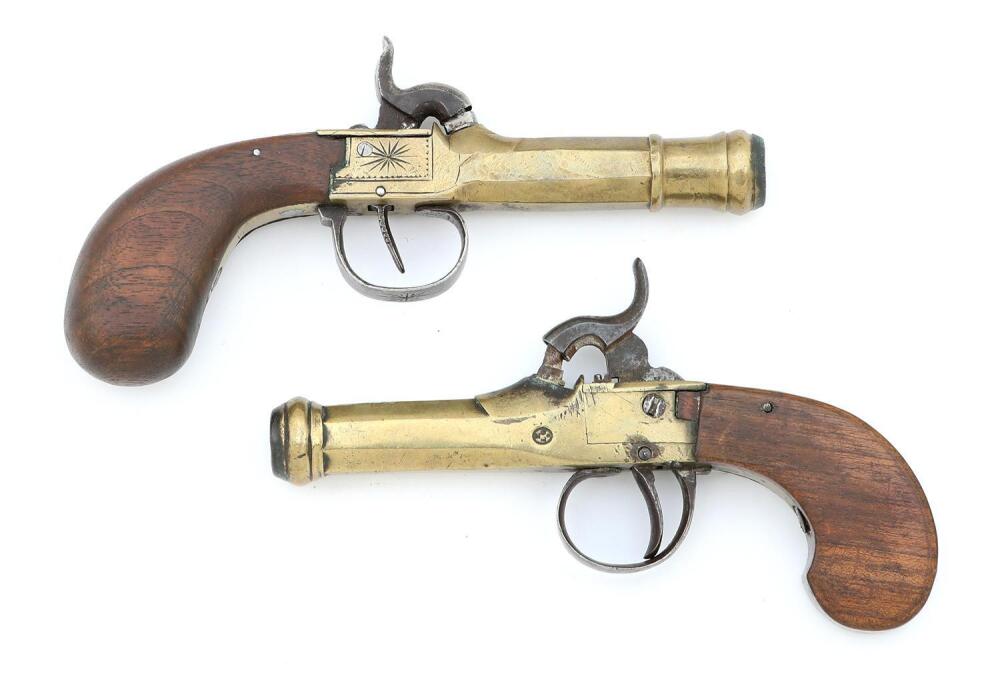 Pair of Belgian Brass-Barreled Percussion Pocket Pistols