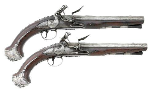 Pair of British Silver-Mounted Flintlock Coat Pistols by Barbar