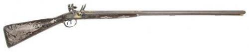 Astonishing High Art Profusely Silver Inlaid Double Flintlock Fowler From Wheeler