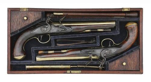 Cased Pair of British Brass-Barreled Flintlock Holster Pistols by Ketland