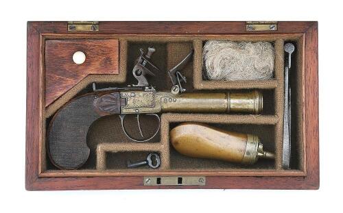 Cased Belgian Brass-Barreled Flintlock Muff Pistol