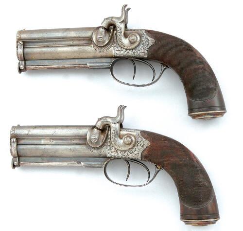 Lovely Unmarked Pair of British Over Under Percussion Coat Pistols