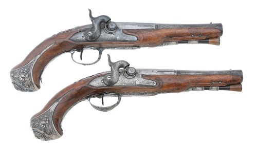 Pair Of French Silver-Mounted Percussion Coat Pistols By Lechevallier