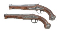 Pair Of French Silver-Mounted Percussion Coat Pistols By Lechevallier - 2