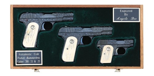 Lovely Cased Trio Of Angelo Bee Engraved Colt Models 1903 & 1908 Semi-Auto Pistols