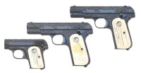 Lovely Cased Trio Of Angelo Bee Engraved Colt Models 1903 & 1908 Semi-Auto Pistols - 3