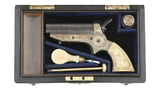 Engraved & Gold Washed Tipping & Lawden Sharps Pepperbox in Rare Small Treasure Chest Case