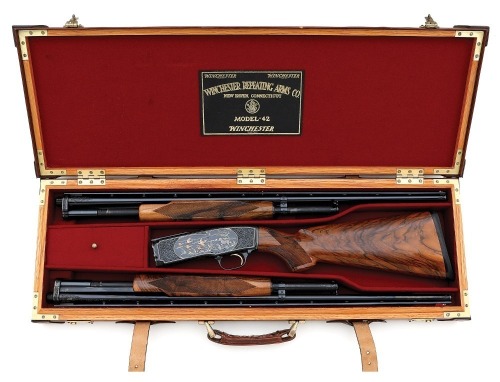 Stunning Angelo Bee Engraved & Gold Inlaid Winchester Model 42 Slide Action Shotgun Two Barrel Set with Fine Prest Gun Case