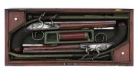 Handsome Cased Pair Of British Flintlock Dueling Pistols by Mortimer