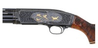 Exceptional Angelo Bee Engraved & Gold Inlaid Winchester Model 42 Slide Action Shotgun with Wonderful Huey Gun Case & Accessories - 5