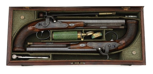 Fine Cased Pair of British Percussion Officer’s Pistols by Clark