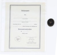 German WWII Black Wound Badge With Certificate