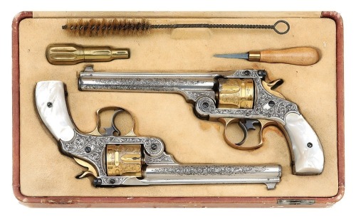 Interesting Cased Pair of New York Engraved Smith & Wesson 44 Frontier Double Action Revolvers Shipped Soft to Schoverling, Daly & Gales