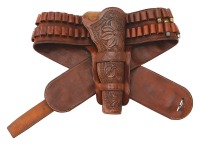 Elegantly Carved Mexican Double Loop Holster and Money Belt Rig by H.H. Heiser of Denver Colorado