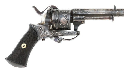 Attractive Silver-Inlaid Belgian Double Action Pinfire Pocket Revolver with Pipe Case