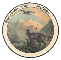 Attractive German Wooden Schuetzen Target with Chamois & Eagle Scene