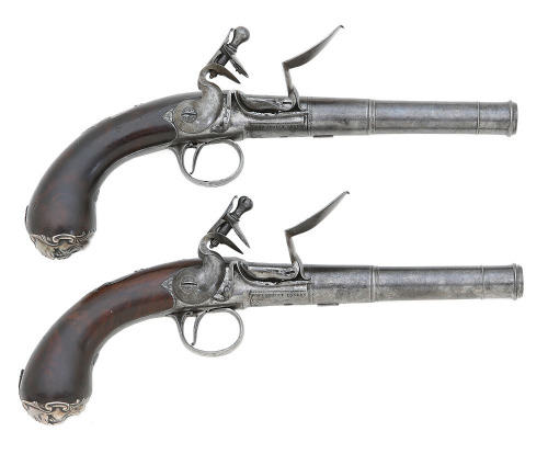 Wonderful Pair Of 18th Century British Silver Mounted "Queen Anne" Flintlock Pistols By Griffin Of Bond Street