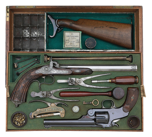 Fine French-Cased Pair Of Target Pistols Including A Stocked Smith & Wesson New Model No. 3 Revolver & Parisian Percussion Pistol By Gauvain