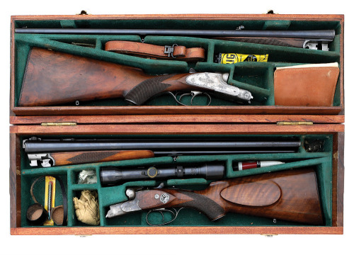 Attractive J.P. Sauer & Sohn Sidelock Double Rifle & Scalloped Boxlock Drilling Cased Two-Gun Set