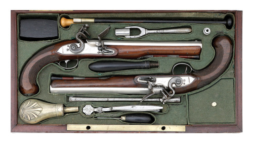 Attractive Cased Pair Of British Silver-Mounted Flintlock Pistols By Ketland
