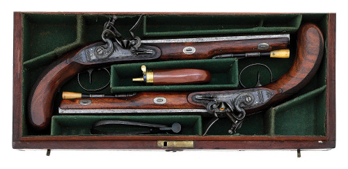 Interesting Cased Pair Of British Flintlock Pistols with Richardson Locks & Kuchenreiter Barrels