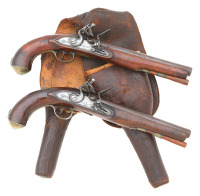 Pair Of British Flintlock Officers Pistols By Ketland & Co. with Leather Pommel Holsters