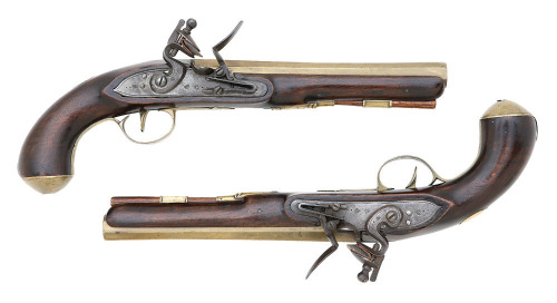 Unmarked Pair of Brass-Barreled Flintlock Pistols